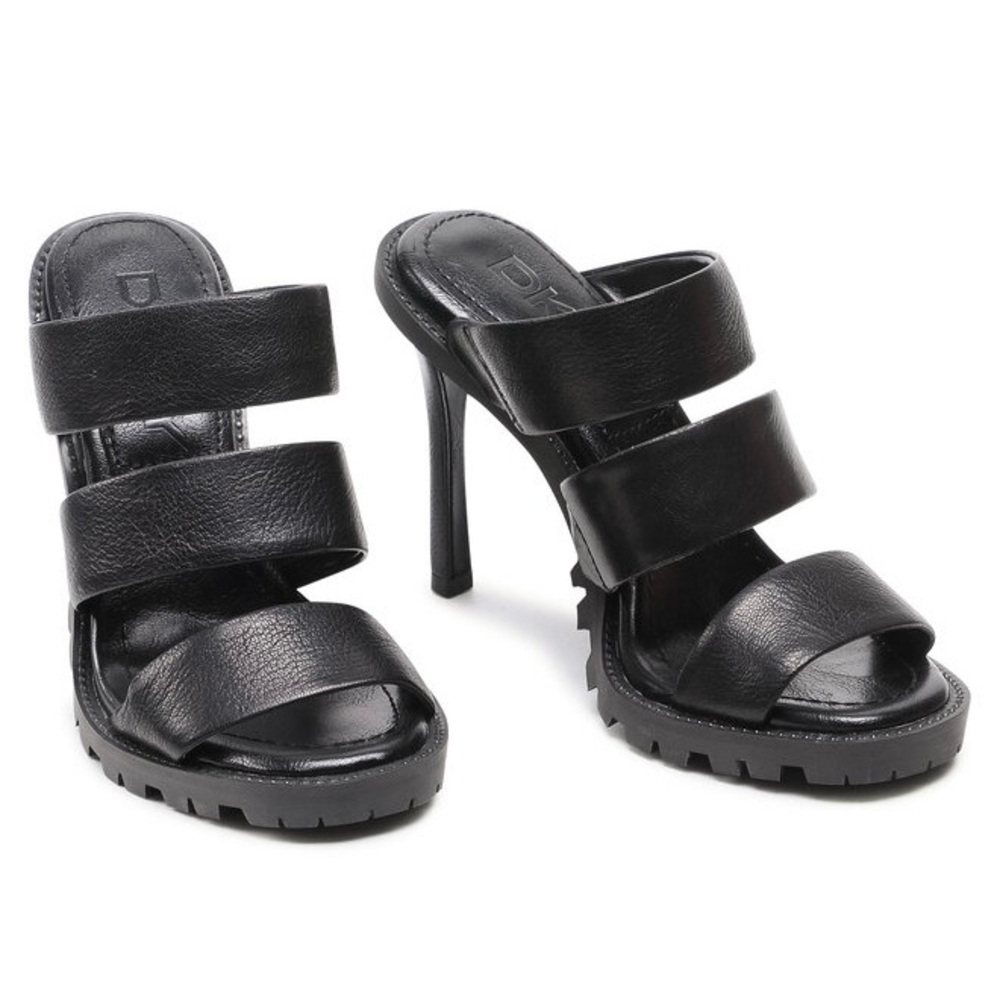 DKNY 7 Black Roslin Multi Strap Himalayan Leather Stiletto Heels - Picture 5 of 6
